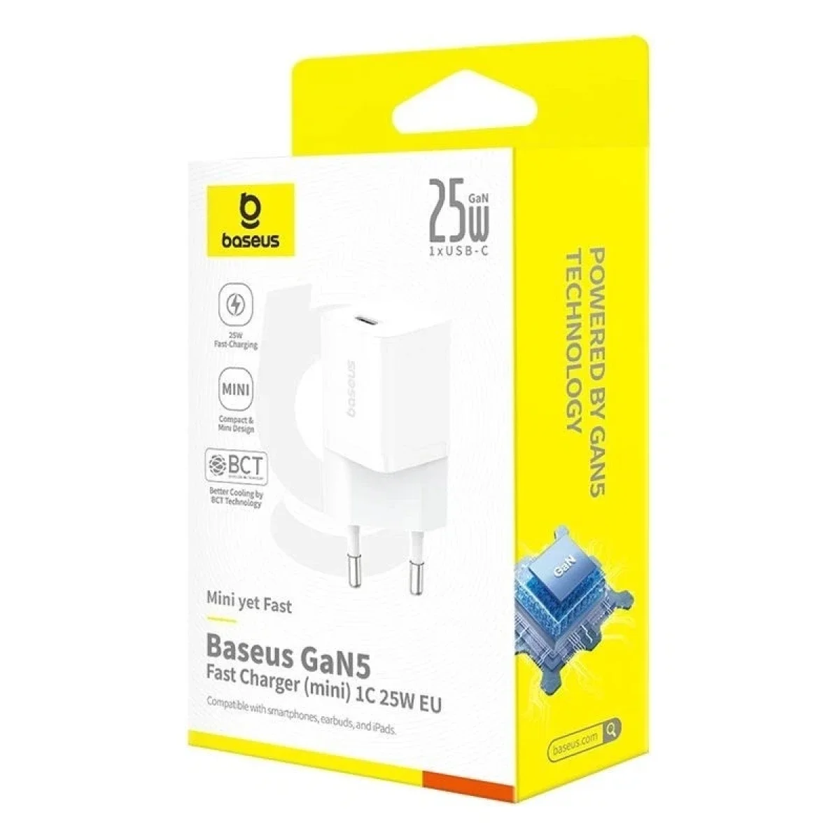 Baseus GaN5 Mini 25W USB-C Fast Wall Charger with PPS, PD 3.0 & QC 3.0 - White - Image 5