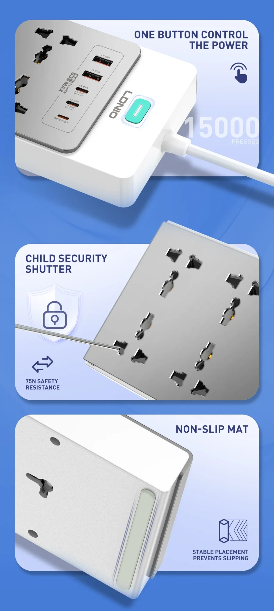LDNIO SC4 13-in-1 65W GaN PD Power Strip with 8 AC Outlets, 2m Cable - Image 13
