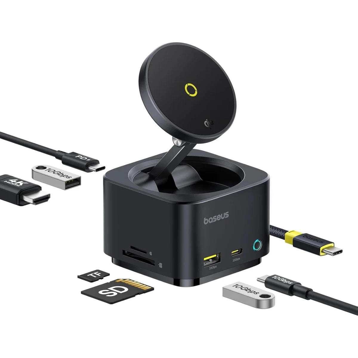 موزع USB-C Baseus MagPro Series II 7 في 1 مع شاحن لاسلكي Qi2 بقدرة 15W ومنفذ HDMI بدقة 4K@60Hz وشحن PD بقدرة 100W وسرعة 10Gbps وقارئ بطاقات SD - أسود - Image 2