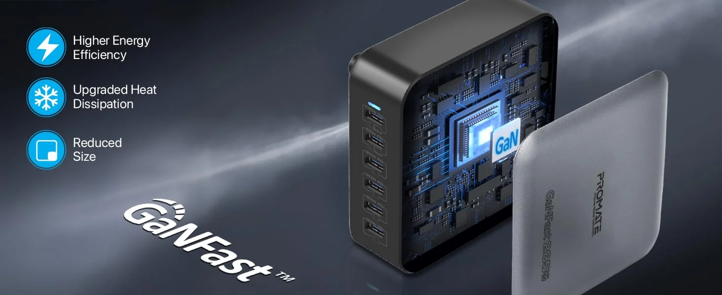 محطة شحن مكتبية Promate PowerBase-GaN285 بتقنية GaN بقدرة 285 واط و6 منافذ USB-C - أسود - Thumbnail 9