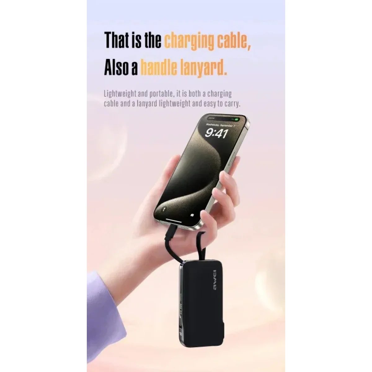 Awei P84K 10000mAh Power Bank with Built-in USB-C Cable & Plug, 22.5W Fast Charging - Thumbnail 4