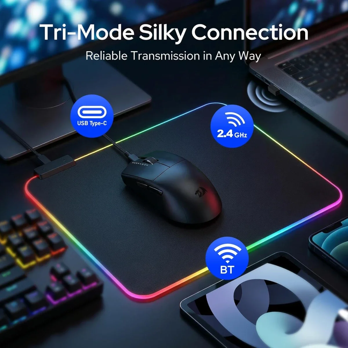 ماوس ألعاب Redragon K1NG M999 لاسلكي فائق الخفة ثلاثي الاتصال مع قاعدة شحن RGB، أسود، 45000 DPI - Thumbnail 2