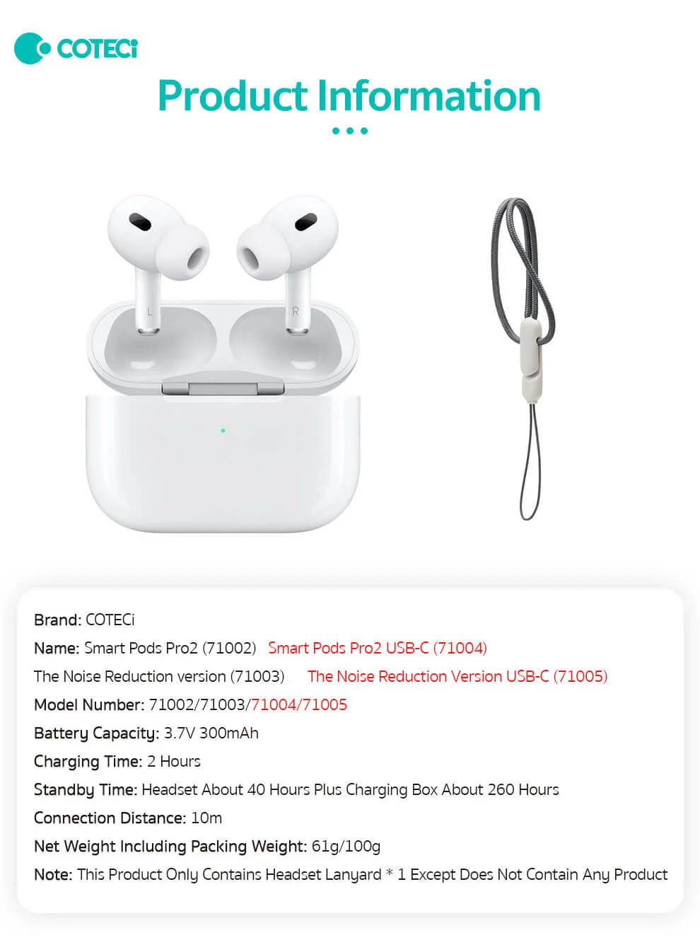 سماعات أذن Coteci Smart Pods Pro2 بلوتوث عازلة للضوضاء مع شحن Type-C، أبيض - Thumbnail 8