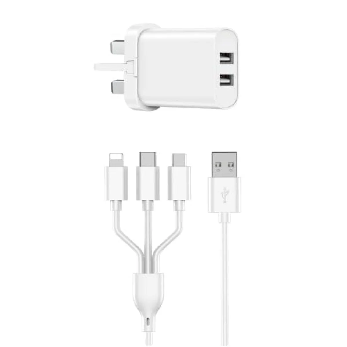 شاحن حائط WIWU Wi-U003 Quick Series بمنفذي USB مع كابل شحن وبيانات 3 في 1، قابس بريطاني، أبيض