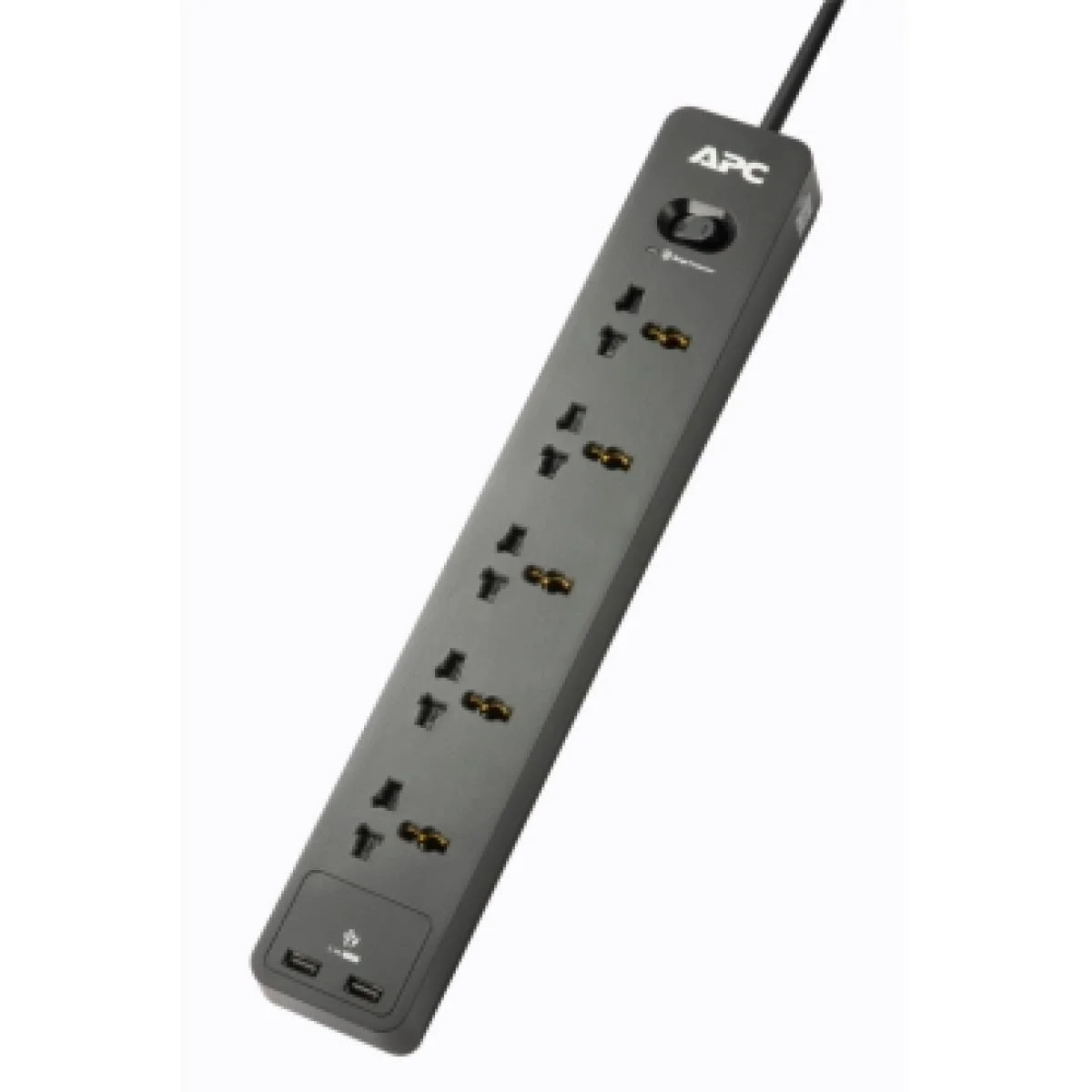 مشترك كهربائي APC PME5U2B-MS SurgeArrest Essential مع 5 مقابس عالمية ومنفذي USB-A وكابل 1.5 متر وقابس بريطاني