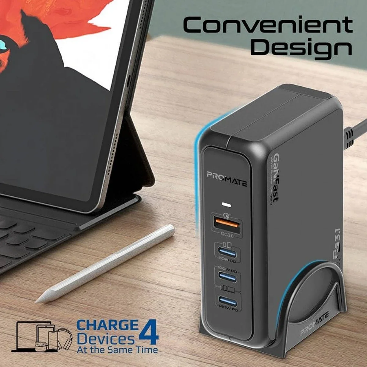 Promate GaNPort-140W 140W GaNFast Charging Station with PD 3.1 & QC 3.0 - Black - Thumbnail 6