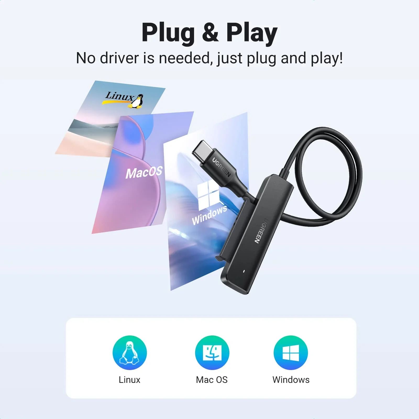 سلك Ugreen 70610 من USB-C إلى SATA III USB 3.1 Gen 1 لأقراص HDD/SSD مقاس 2.5 إنش بسرعة 5Gbps - Thumbnail 2