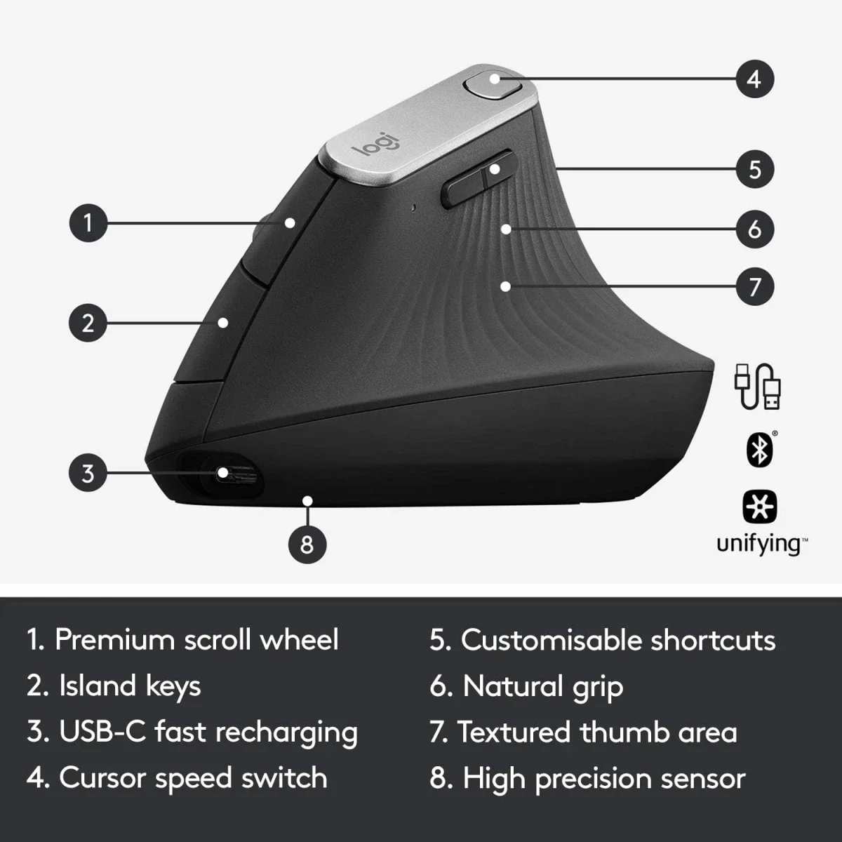 Logitech MX Vertical Wireless Ergonomic Mouse, Graphite - Thumbnail 6