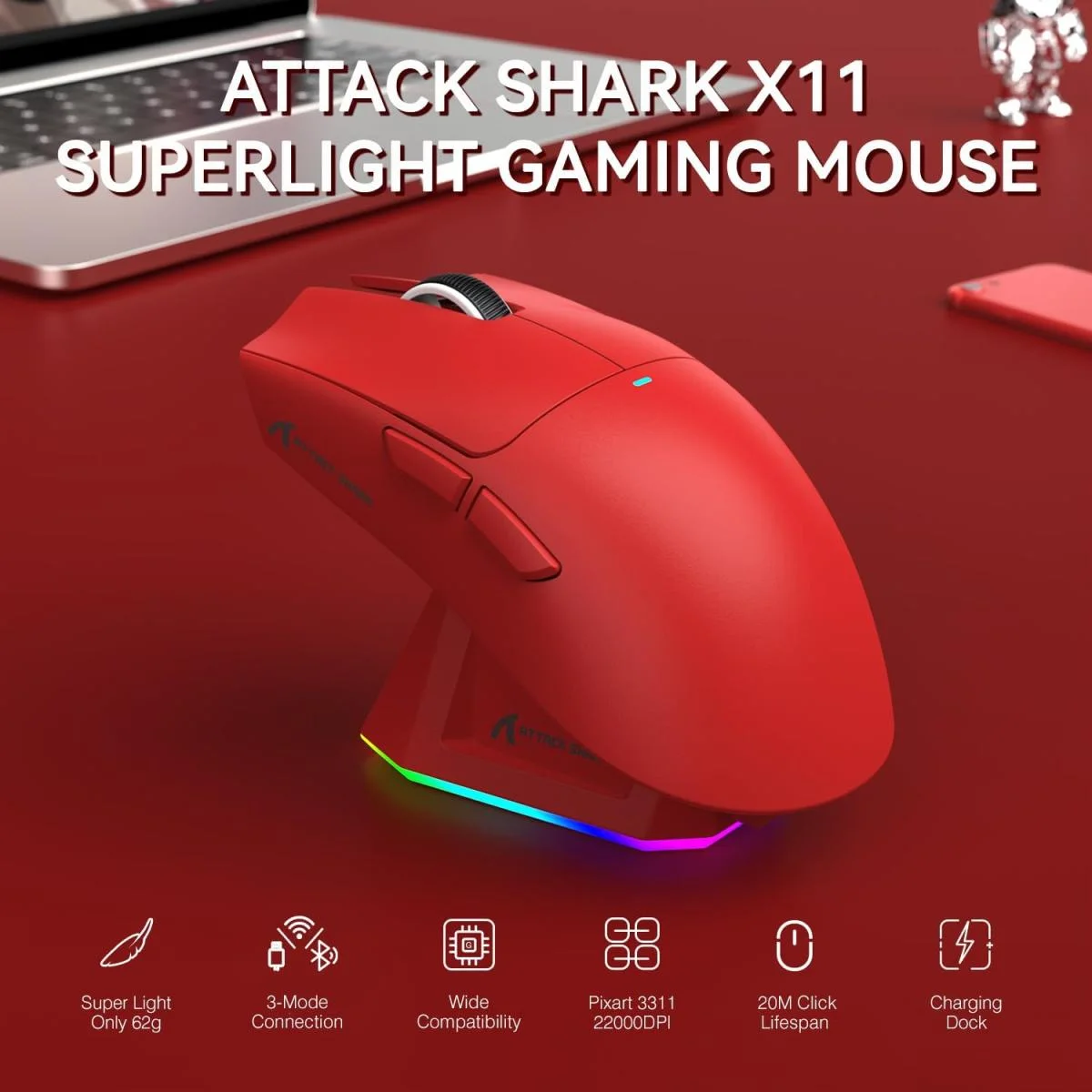 ATTACK SHARK X11 Lightweight Tri-Mode Wireless Gaming Mouse with RGB Charging Dock, 22K DPI, Red - Thumbnail 2