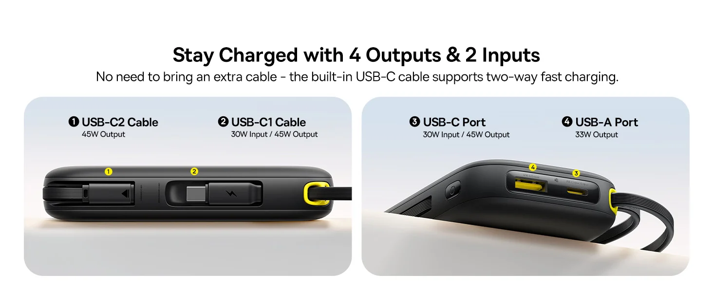باور بانك Baseus Qpow3 بسعة 20000mAh وقدرة 45W مع كابل USB-C مدمج، أسود - Thumbnail 10