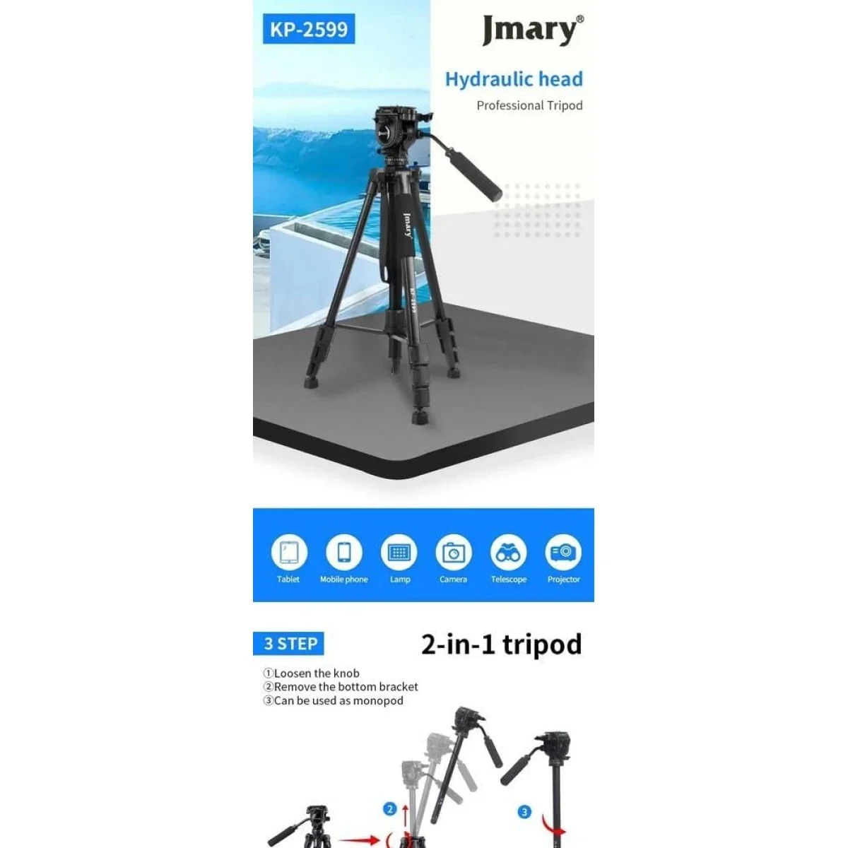 Jmary KP-2599 Professional Aluminum Tripod and Monopod for DSLR Cameras & Smartphones - Black - Thumbnail 3