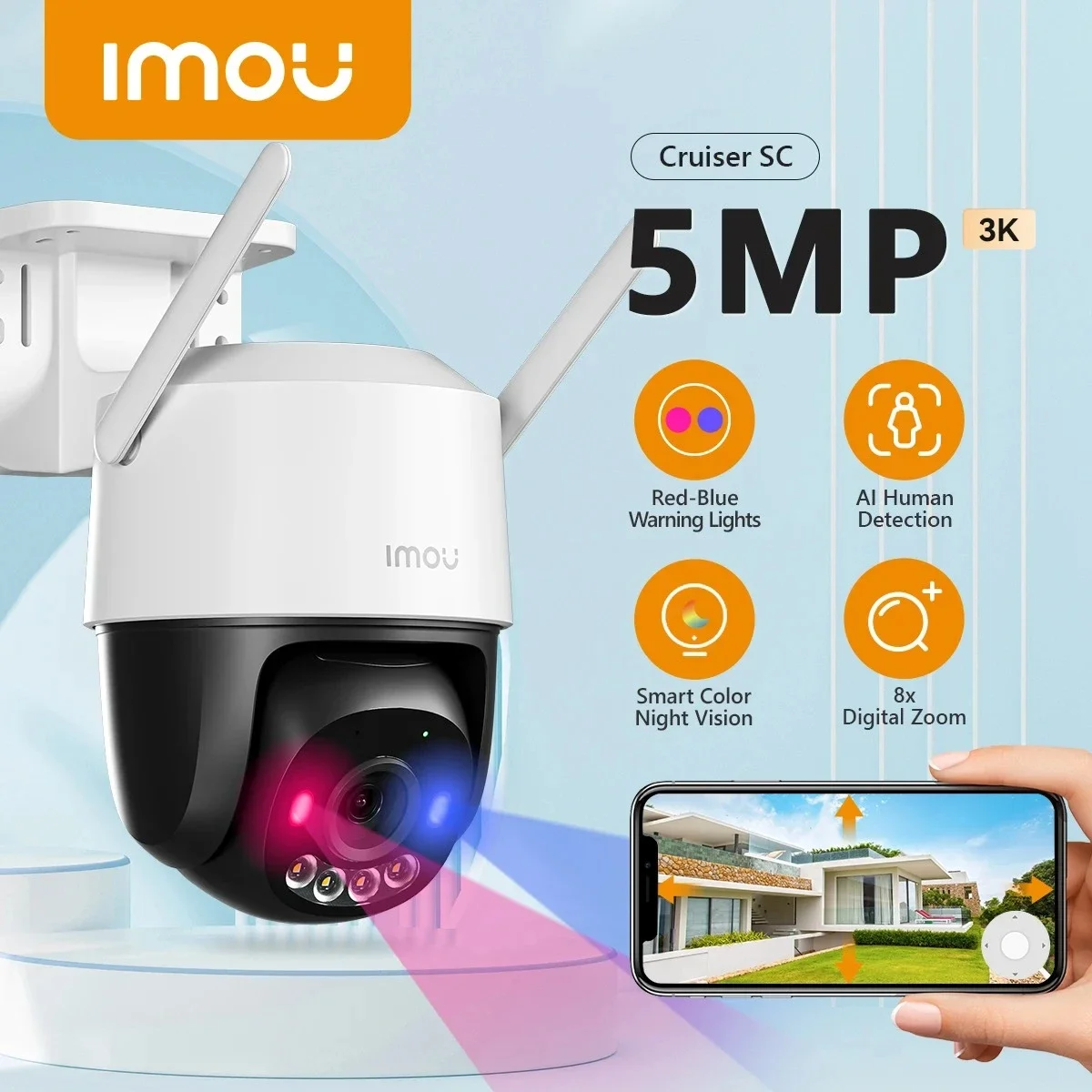 IMOU Cruiser SC 5MP WiFi Outdoor Security Camera with Red-Blue Warning Lights, Full-Color Night Vision, AI Human Detection, IP66