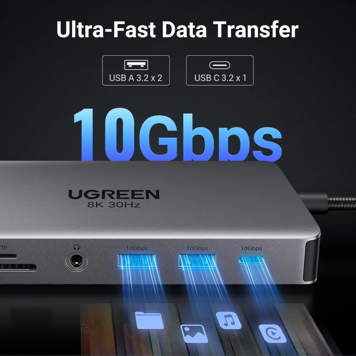 محطة إرساء لابتوب USB-C 11 في 1 من Ugreen مع HDMI مزدوج 4K@60Hz و8K@30Hz و10Gbps و100W PD - Image 7