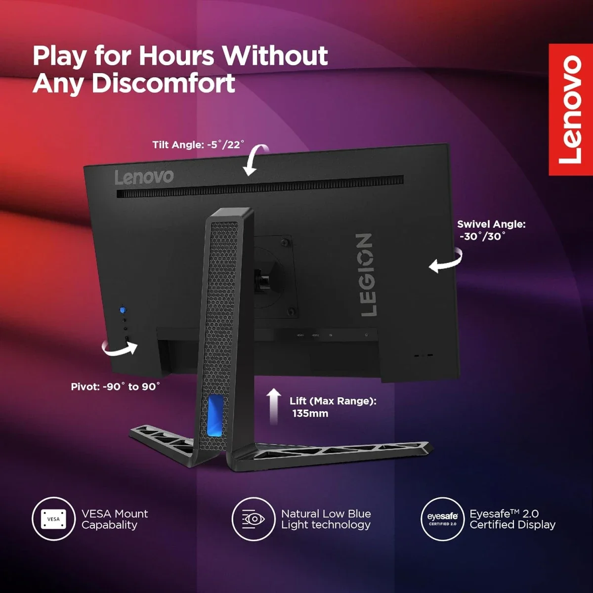 شاشة ألعاب Lenovo Legion R25i-30 مقاس 24.5 إنش FHD IPS بتردد 180 هرتز مع تعديل الارتفاع والميل والدوران الأفقي والعمودي - Image 5