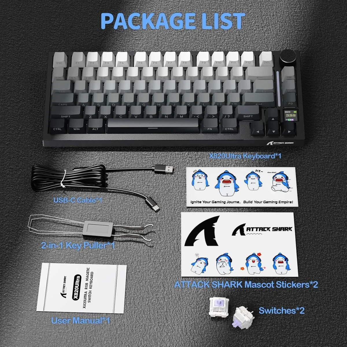 كيبورد ألعاب ميكانيكي ATTACK SHARK X820 Ultra لاسلكي 75% مع شاشة TFT ومقبض وإضاءة RGB - Moonlit Night - Image 2