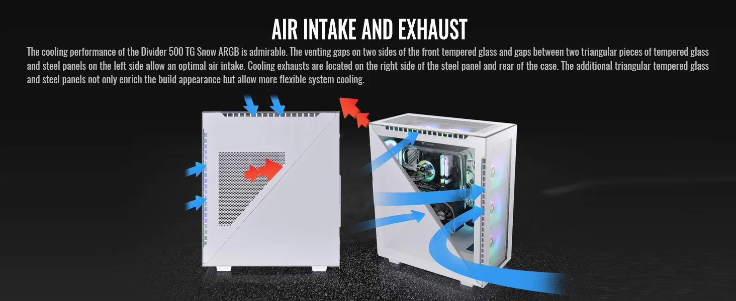 هيكل كمبيوتر Thermaltake Divider 500 ميد تاور مع 3 مراوح أمامية ARGB مقاس 120 مم ومروحة خلفية 120 مم وألواح مثلثة متناظرة - White - Image 16