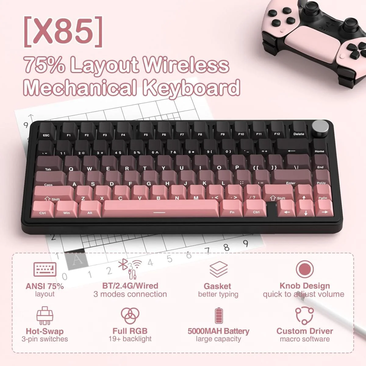 ATTACK SHARK X85 Wireless Mechanical Gaming Keyboard with White Jade Switches - BlackBerry - Image 3