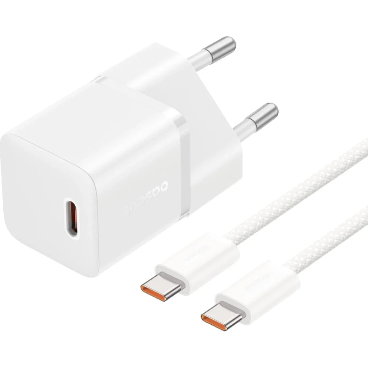 شاحن جداري Baseus GaN5 صغير سريع 1C بقدرة 20 واط EU مع كابل Dynamic 3 Series USB-C إلى USB-C بقدرة 100 واط 1 متر - أبيض قمري