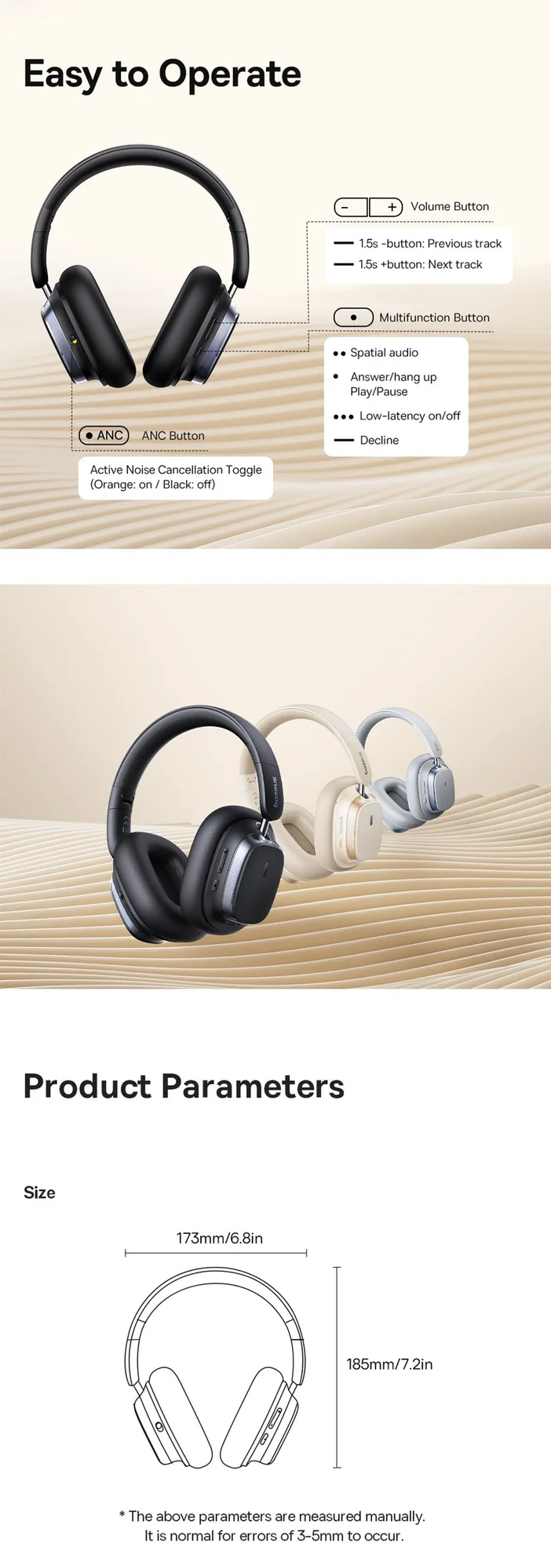 Baseus Bowie H1s Wireless Over-Ear Headphones with ANC, Bluetooth 5.4, 100H Battery - White - Thumbnail 16