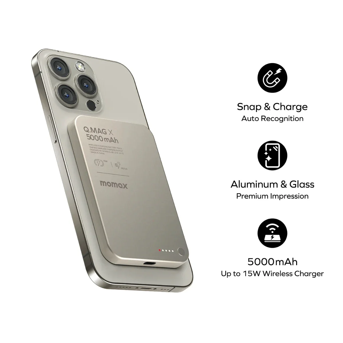 بطارية محمولة MOMAX Q.Mag X 5000mAh الجيل الثاني لاسلكية MagSafe فائقة النحافة 15W - تيتانيوم - Thumbnail 3