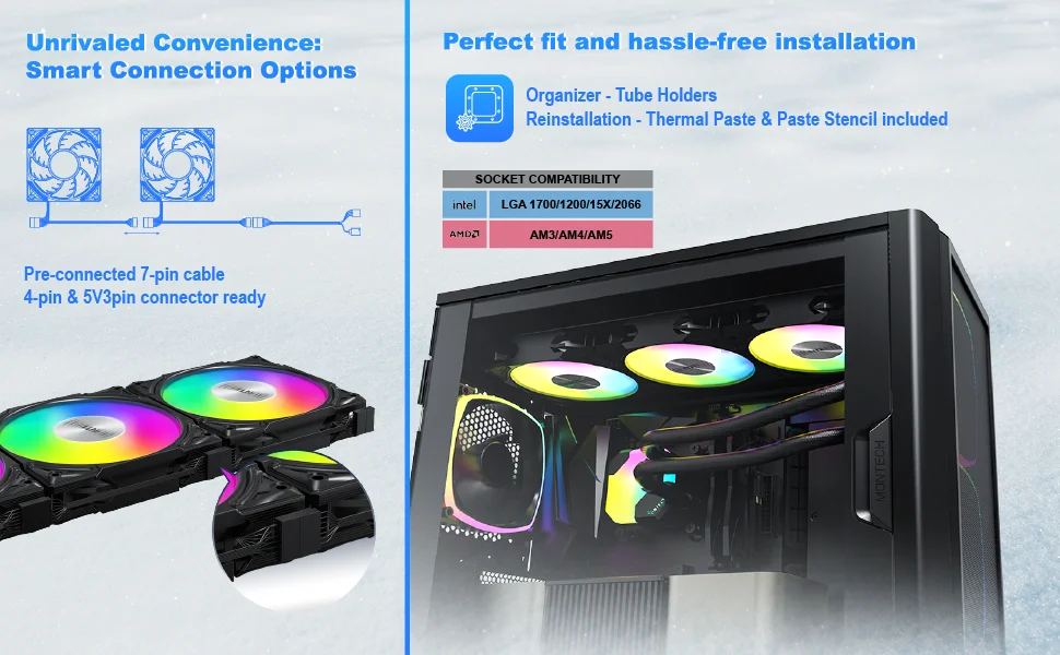 مبرد معالج مائي Montech HyperFlow ARGB 360 بمضخة 3100 دورة/دقيقة متوافق مع Intel وAMD – أسود - Image 7
