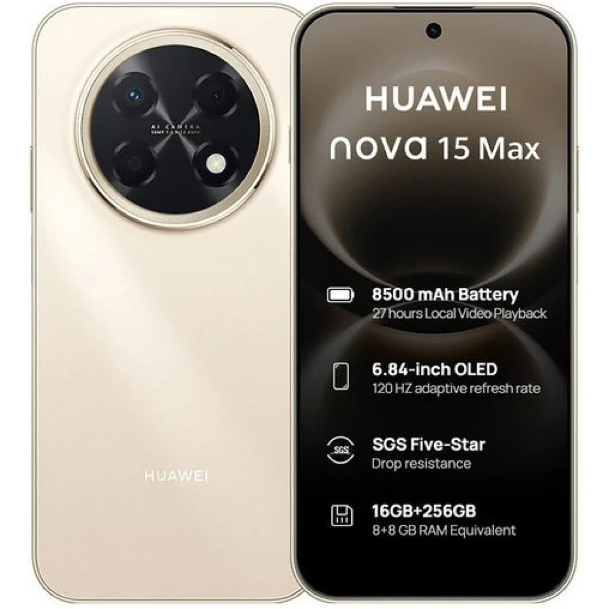 HUAWEI nova 15 Max CHZ-LX1 Dual SIM Smartphone, 8GB RAM, 256GB, 6.84-inch 120Hz OLED, 50MP Camera, Blush Gold