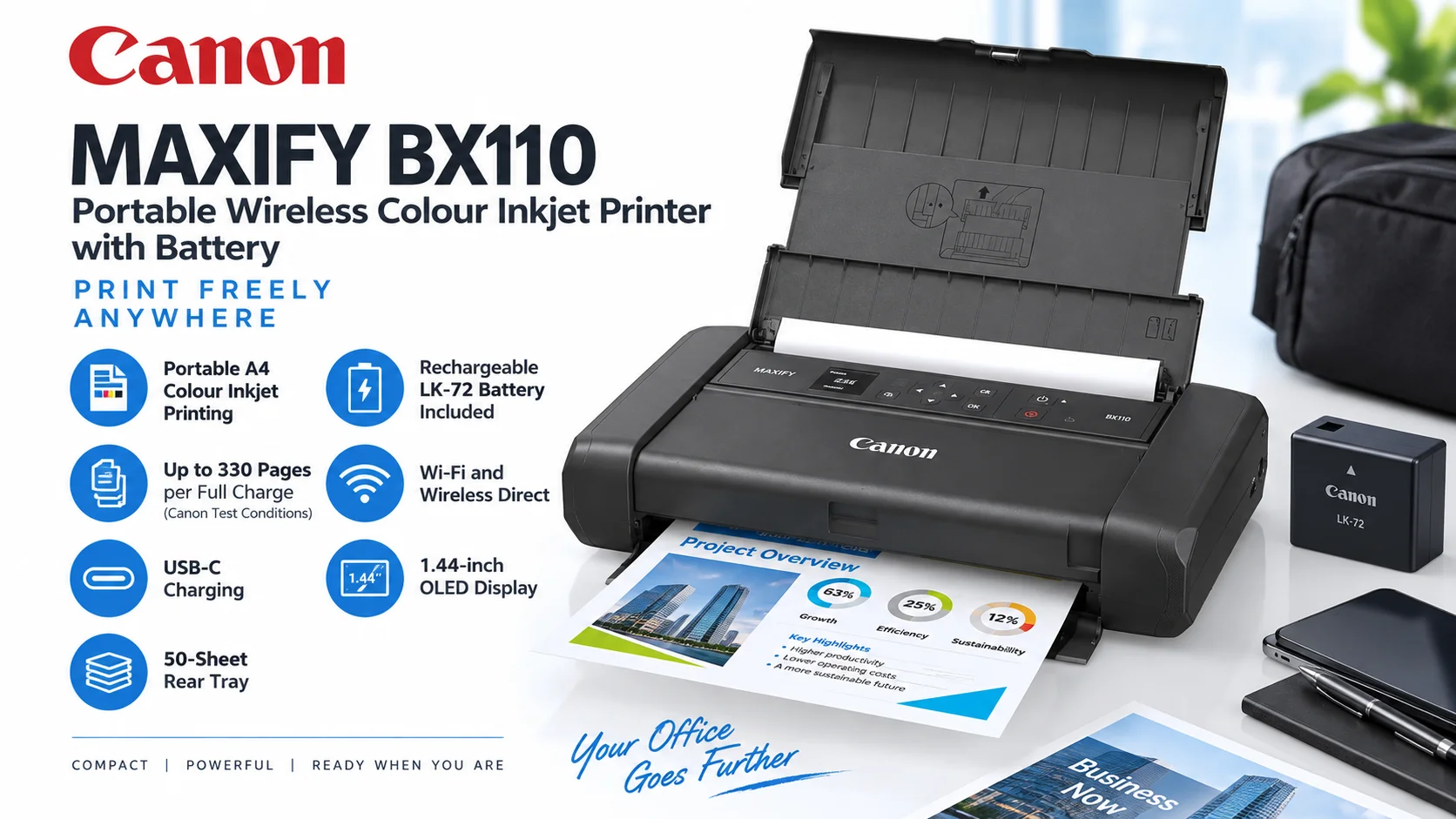 Canon MAXIFY BX110 Portable A4 Colour Inkjet Printer, 330-Page Battery, Borderless Photos, Wireless AirPrint & Mopria - Thumbnail 10