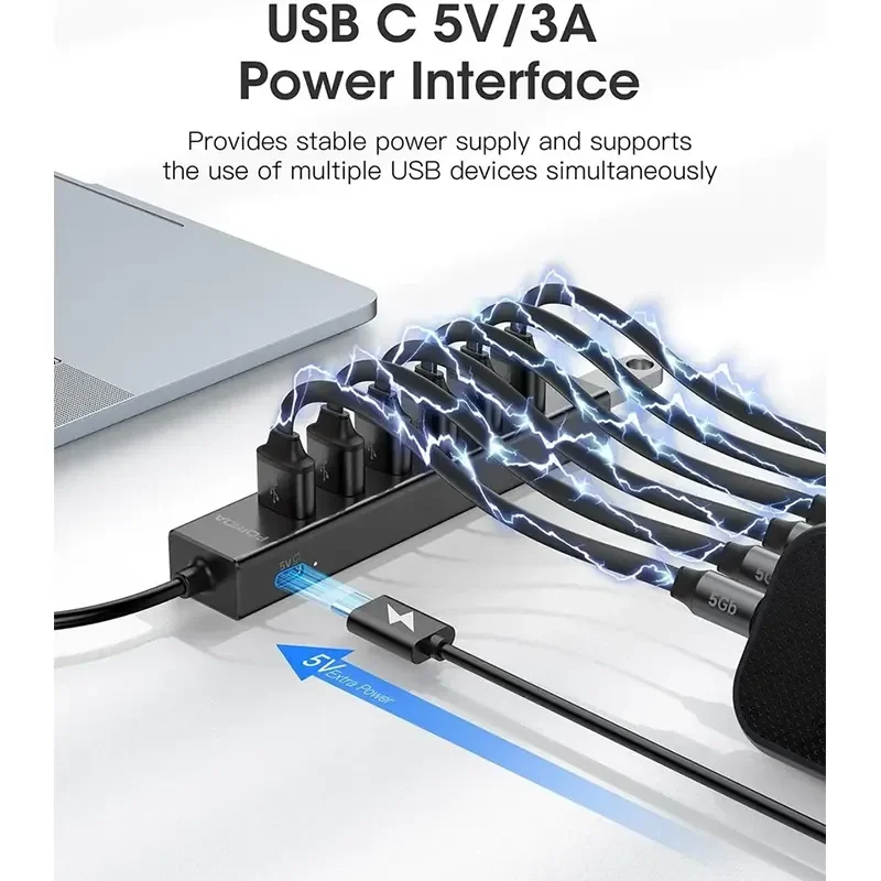 موزع USB FORIDA بـ7 منافذ USB 3.0 ألمنيوم بسرعة 5Gbps مع محول طاقة USB-C بجهد 5V للابتوب - Image 3