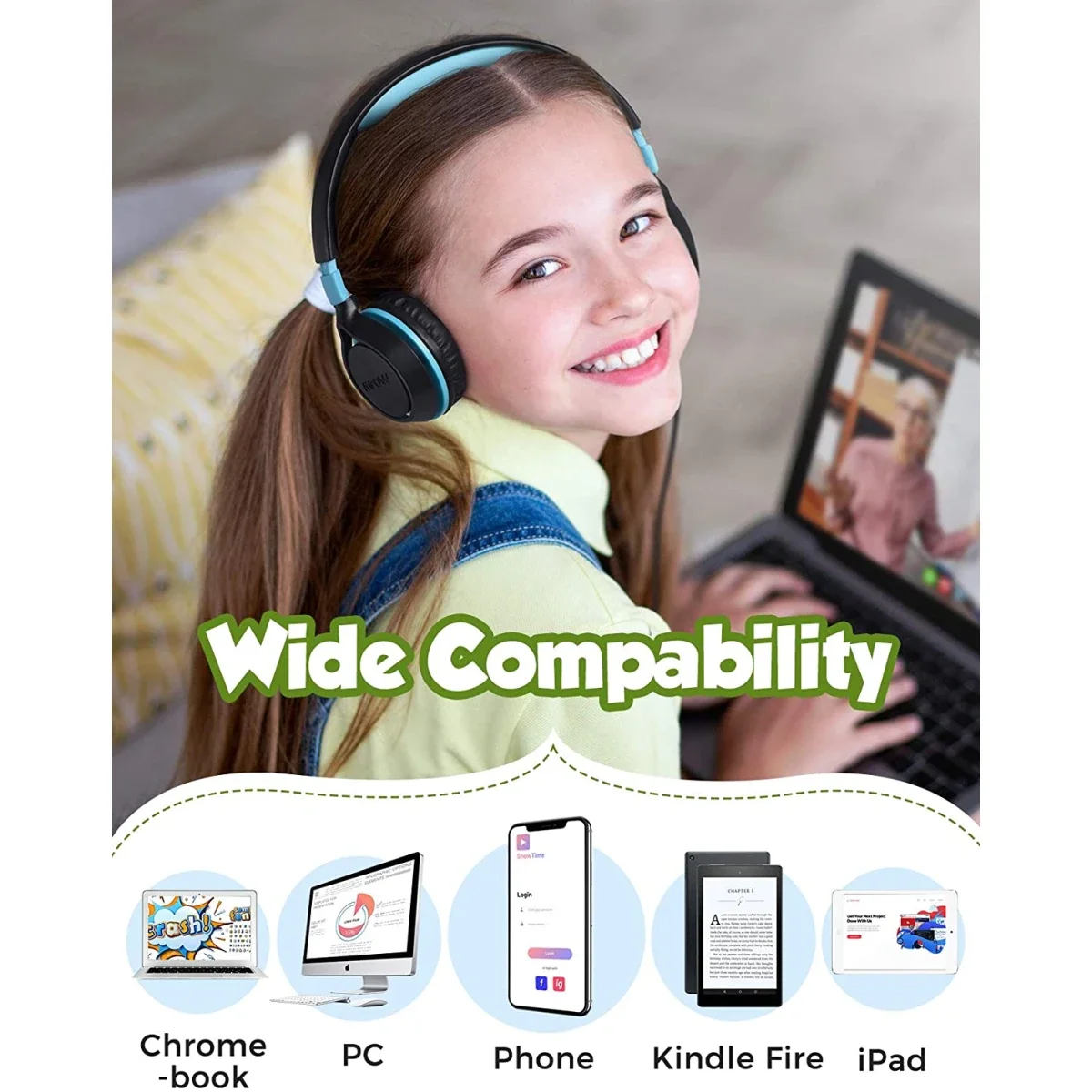 Mpow CHE1 Kids Wired Headphones with 94dB Volume Limit, Blue - Thumbnail 2