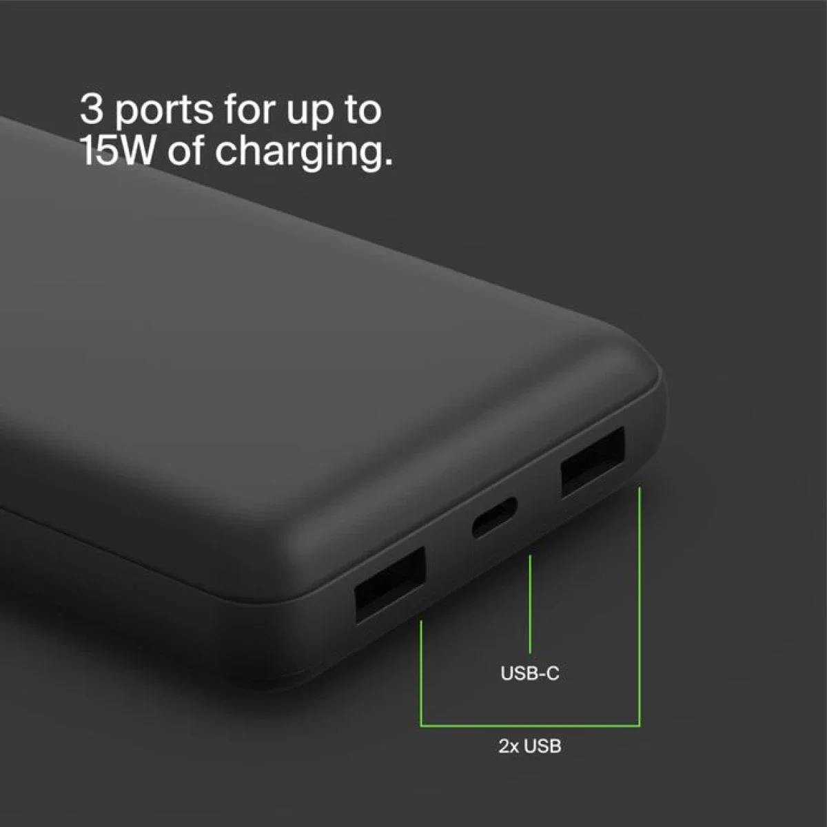 Belkin BPB012BTBK BoostCharge 20,000mAh USB-C Power Bank with 2 USB-A Ports, 15W, Black - Thumbnail 2