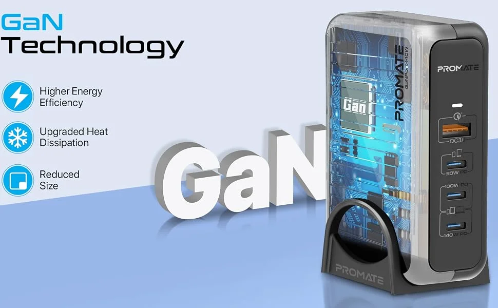 Promate GaNPort-140W 140W GaN Laptop Charger with 100W and 30W USB-C PD Ports - Image 8