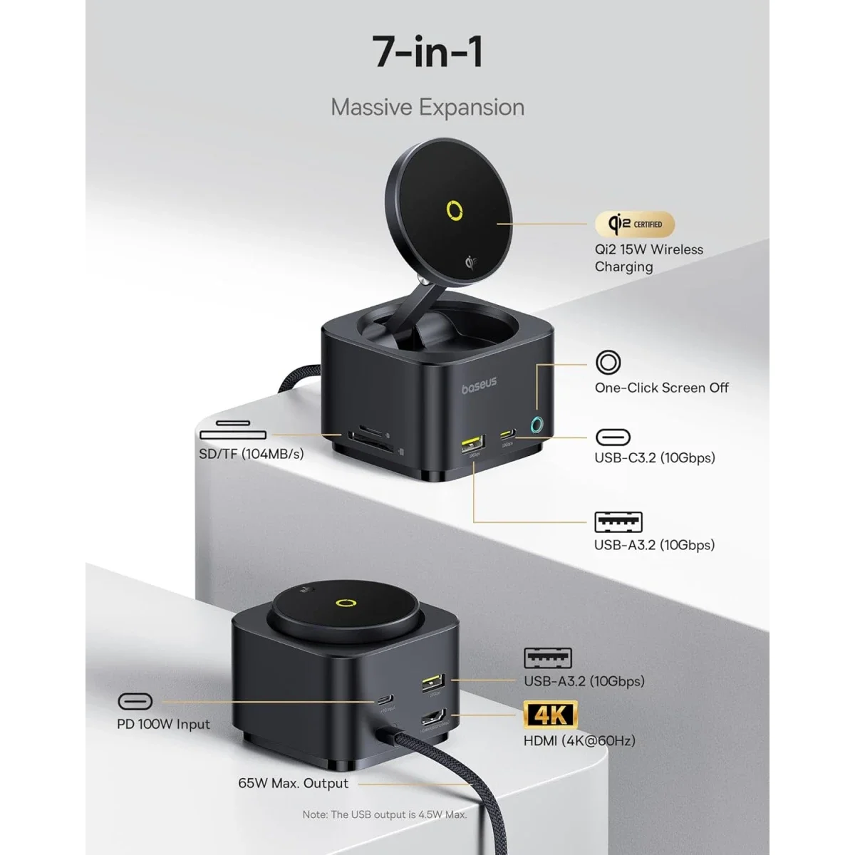 موزع USB-C Baseus MagPro Series II 7 في 1 مع شاحن لاسلكي Qi2 بقدرة 15W ومنفذ HDMI بدقة 4K@60Hz وشحن PD بقدرة 100W وسرعة 10Gbps وقارئ بطاقات SD - أسود - Image 6