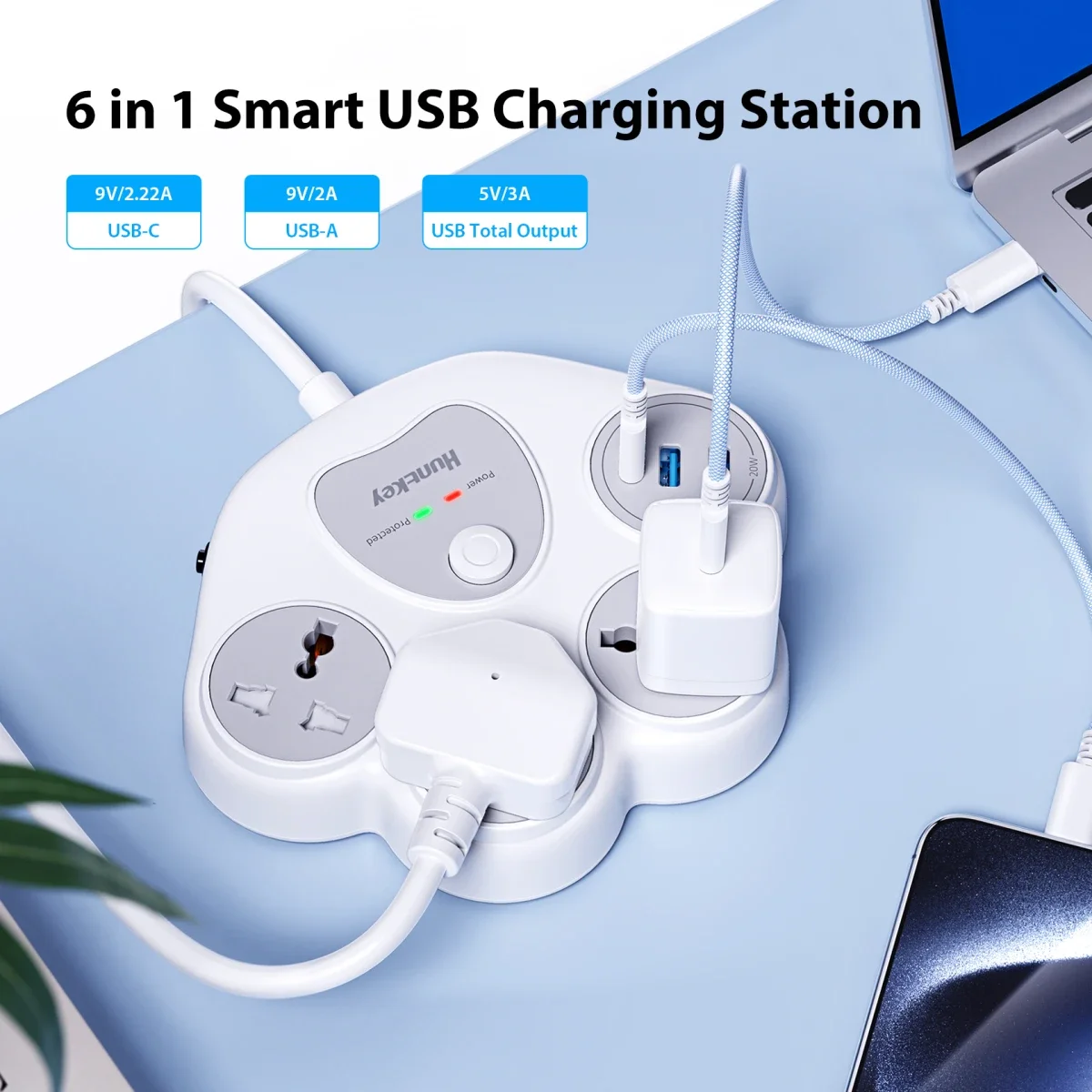 مشترك حماية من زيادة التيار Huntkey SZN307C Charge Station F20 مع 3 مقابس AC و2 USB-A ومنفذ USB-C وكابل 1.5 متر - أبيض - Thumbnail 4