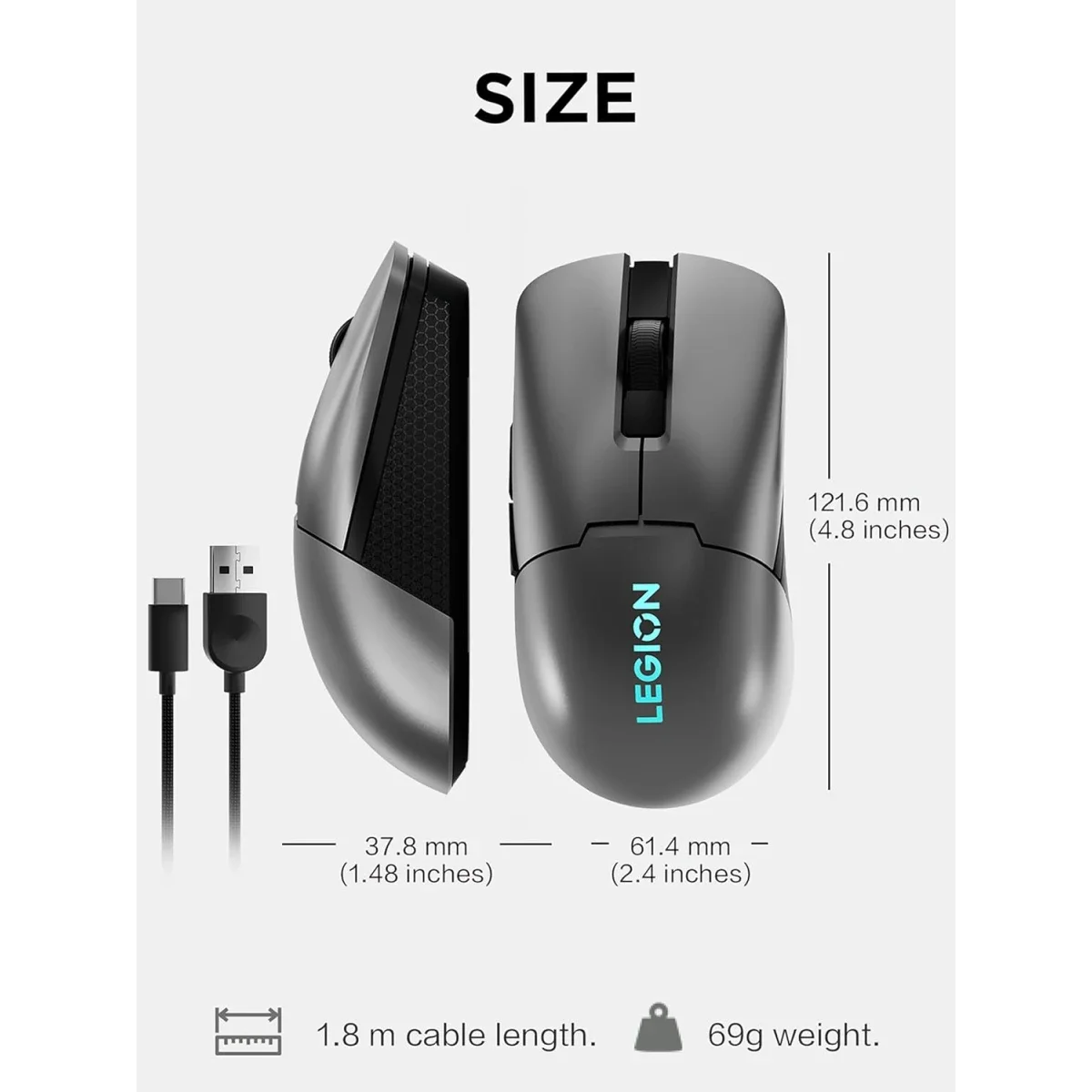 ماوس ألعاب لاسلكي Lenovo Legion M600s بدقة 19000 DPI وبطارية حتى 70 ساعة و6 أزرار - Thumbnail 2