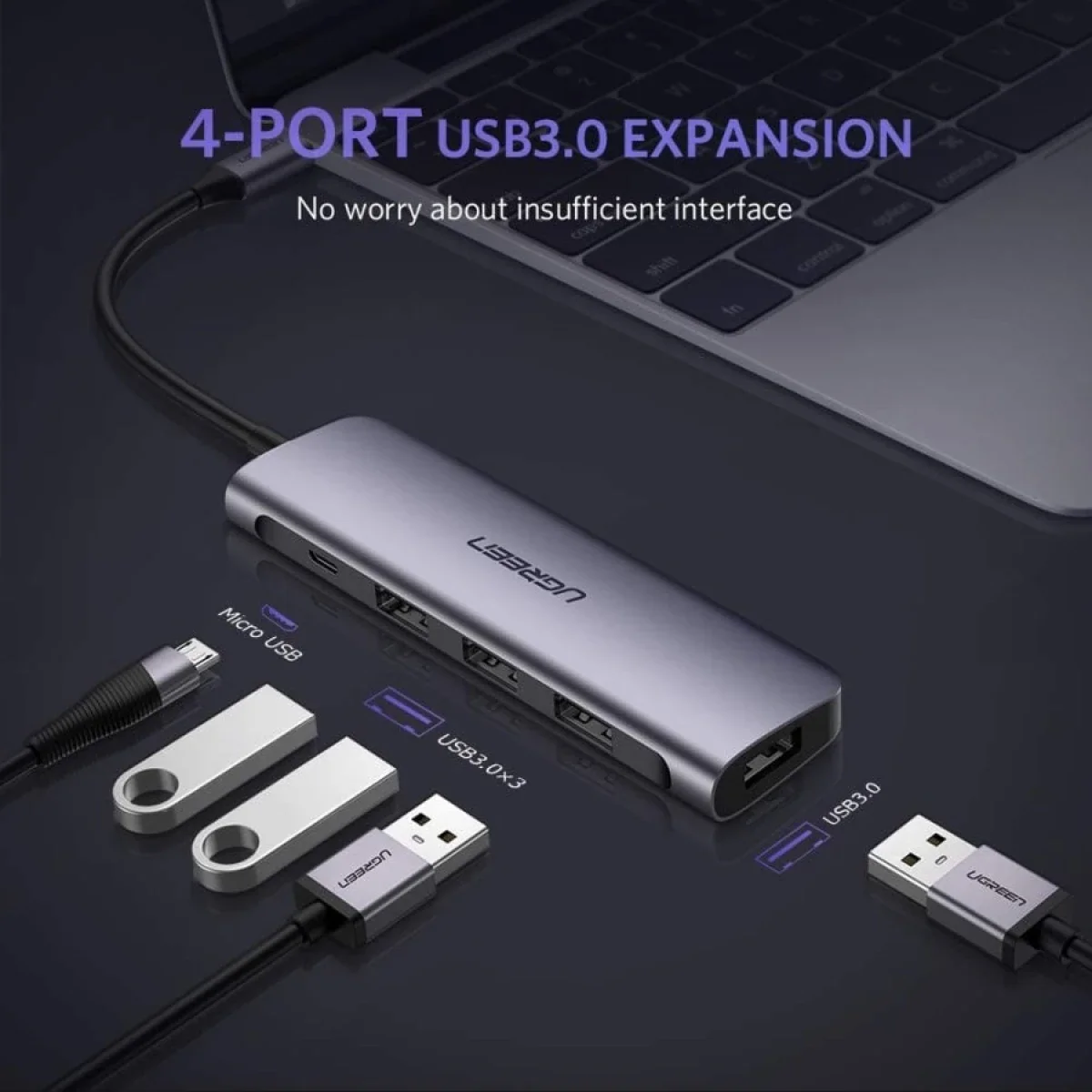 موزع USB Ugreen CM136 بأربعة منافذ USB-C إلى USB 3.0 مع طاقة Micro USB - Image 2