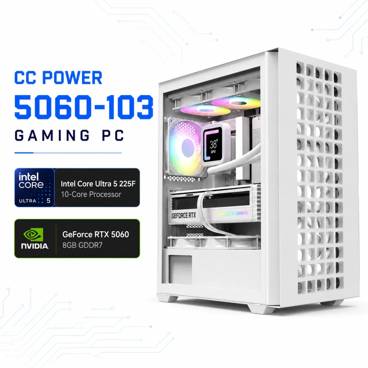 كمبيوتر ألعاب CC POWER 5060-103 بمعالج Core Ultra 5 225F وكرت RTX 5060 8GB وذاكرة 16GB DDR5 وتخزين 500GB NVMe