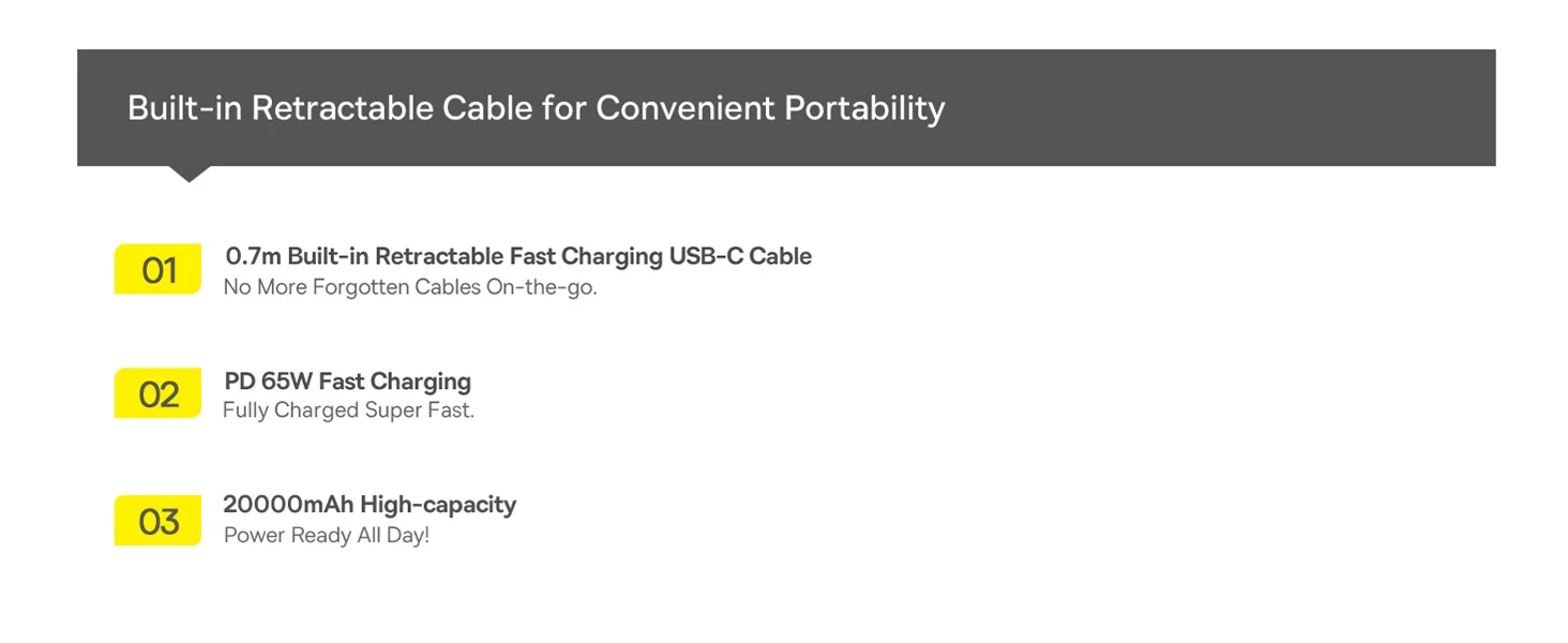 Baseus Free2Pull 20000mAh 65W Power Bank with Retractable USB-C Cable - Silver - Thumbnail 28
