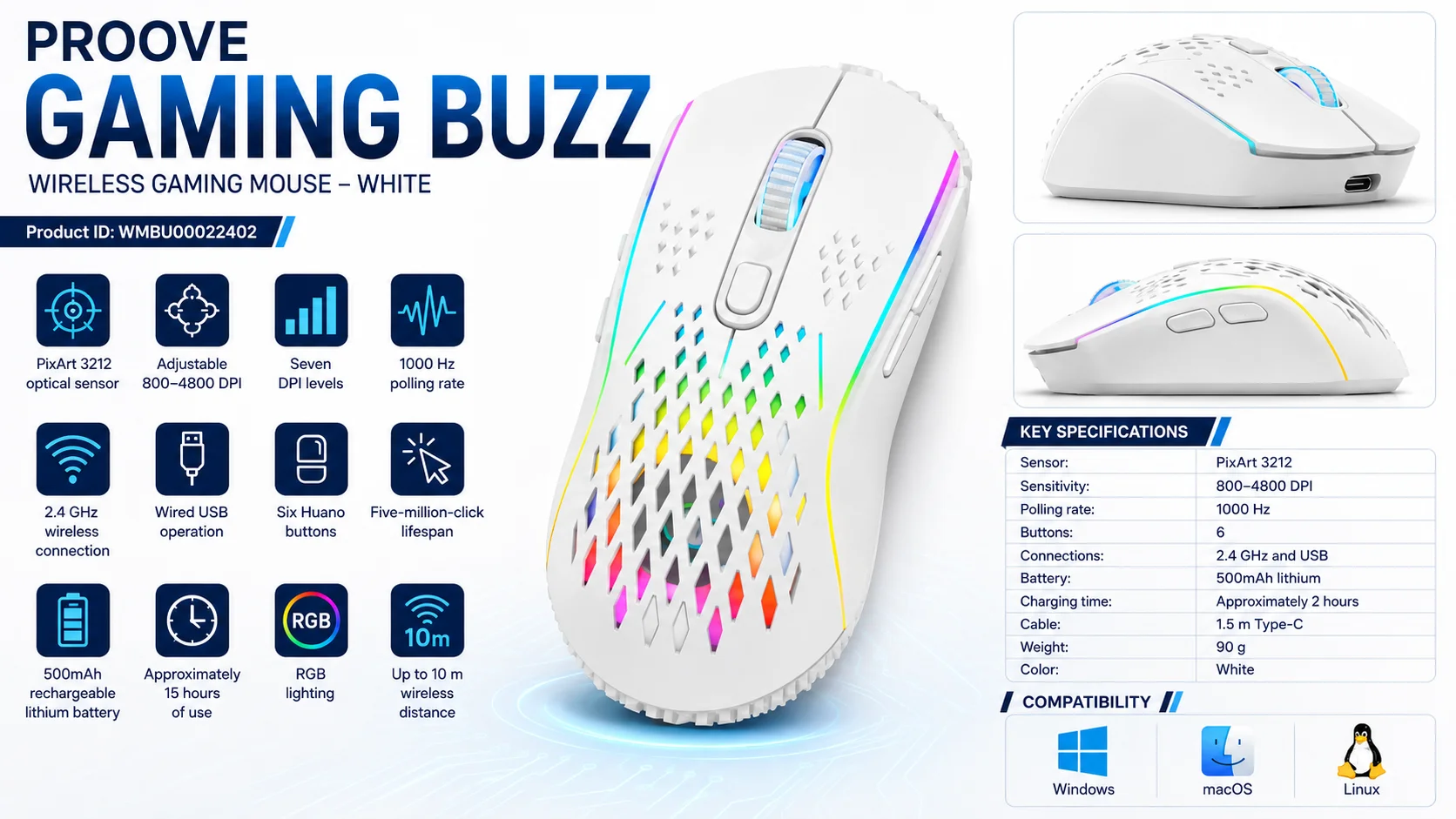 ماوس ألعاب Proove Gaming Buzz لاسلكي مزدوج الوضع بدقة 4800 DPI أبيض (WMBU00022402) - Thumbnail 9