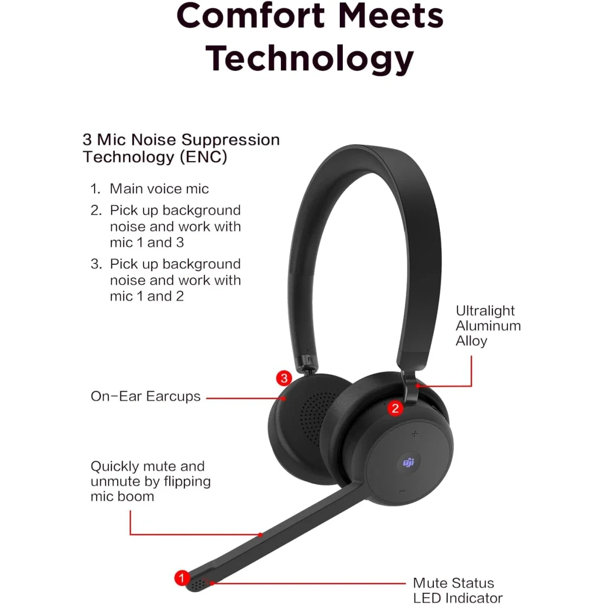 سماعة رأس Lenovo لاسلكية للمكالمات Teams، بلوتوث 5.3 ومستقبل USB-A - Thumbnail 4