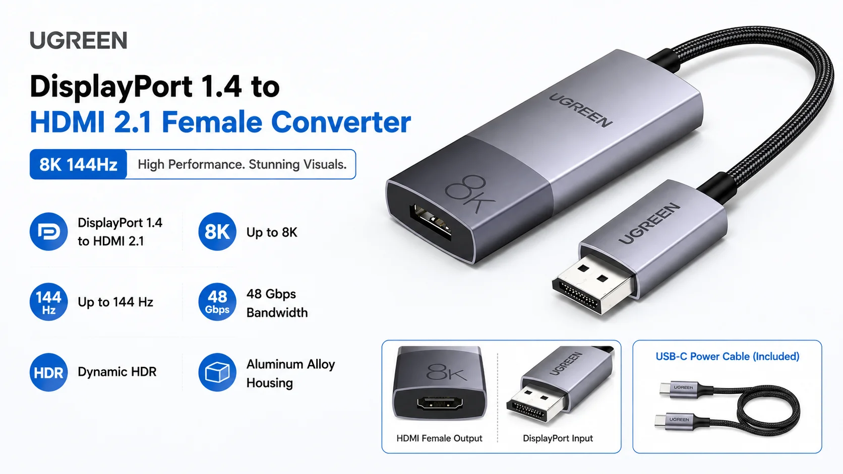 محول Ugreen 40948 من DisplayPort 1.4 إلى HDMI 2.1 أنثى، 8K 144Hz - Image 8