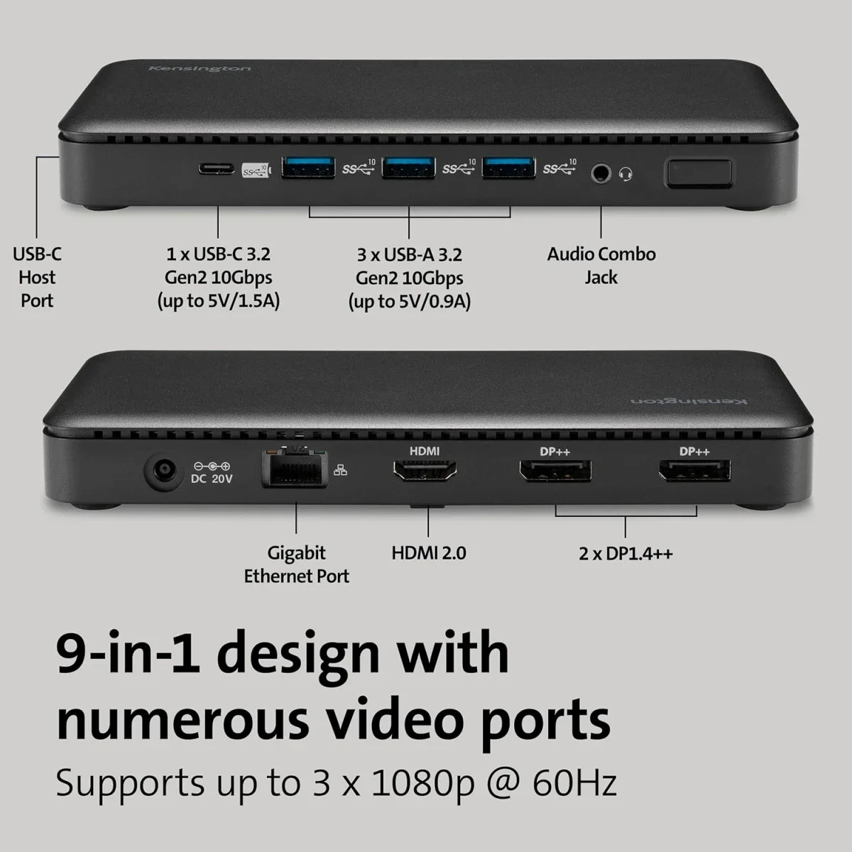 محطة لمجموعة واسعة من المنافذ Kensington SD4839P 9 في 1 USB-C بدون تعريف بقدرة 85W PD وسرعة 10Gbps لون أسود - Image 5
