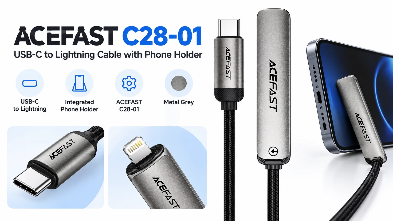 ACEFAST C28-01 USB-C to Lightning Cable with Phone Holder - Metal Grey - Image 10