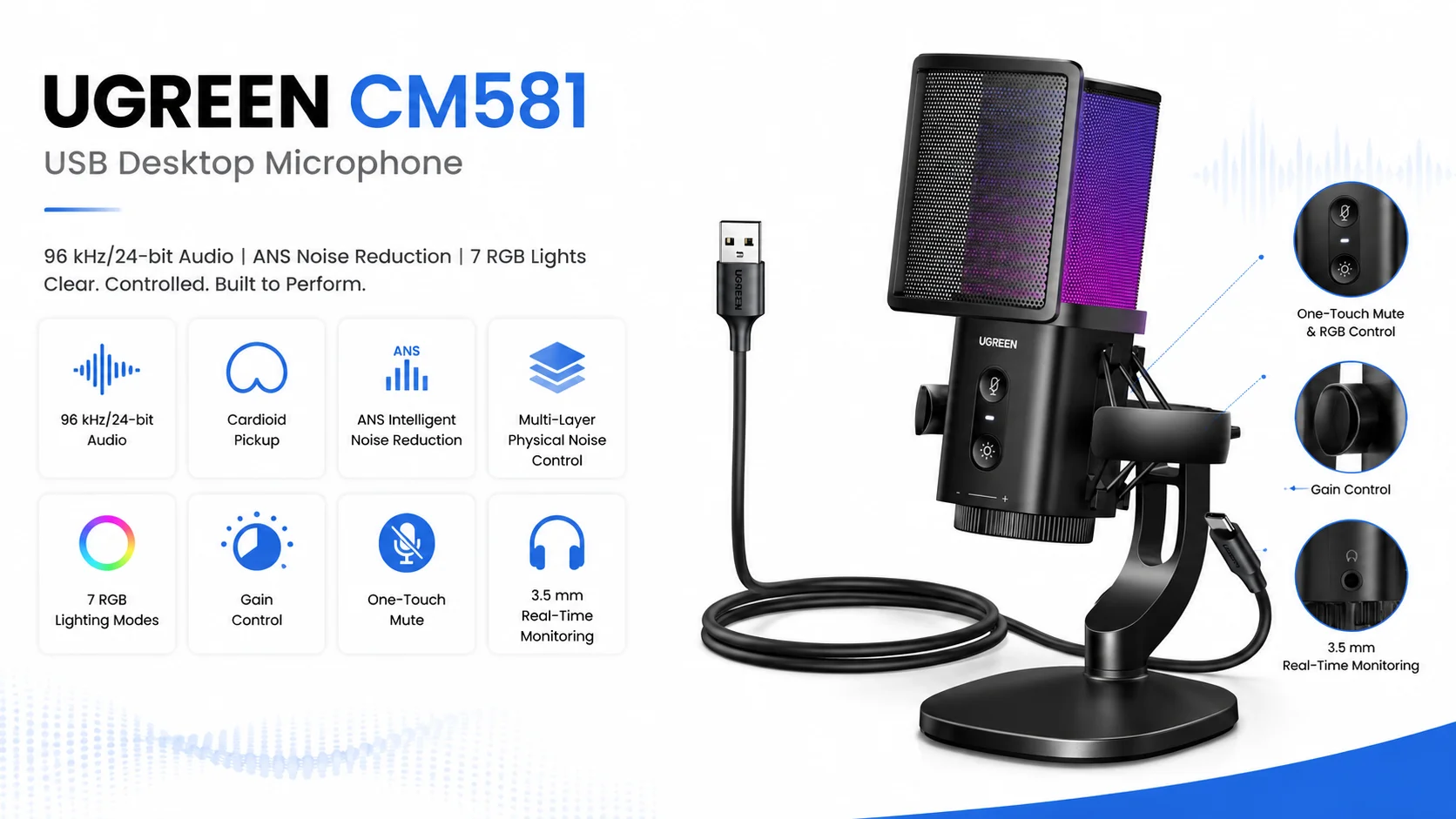 Ugreen CM581 USB Desktop Condenser Microphone, 96 kHz/24-bit, ANS Noise Reduction & 7 RGB Modes - Thumbnail 2