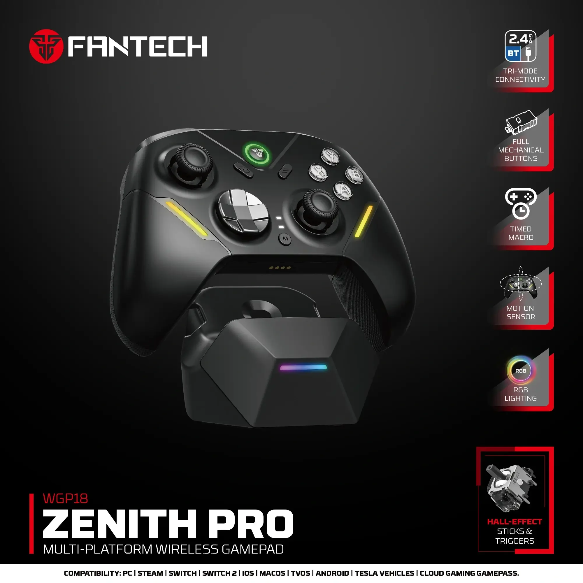 يد تحكم للألعاب Fantech WGP18 ZENITH PRO ميكانيكية بتقنية Hall Effect وإضاءة RGB واتصال ثلاثي الوضع - Image 3
