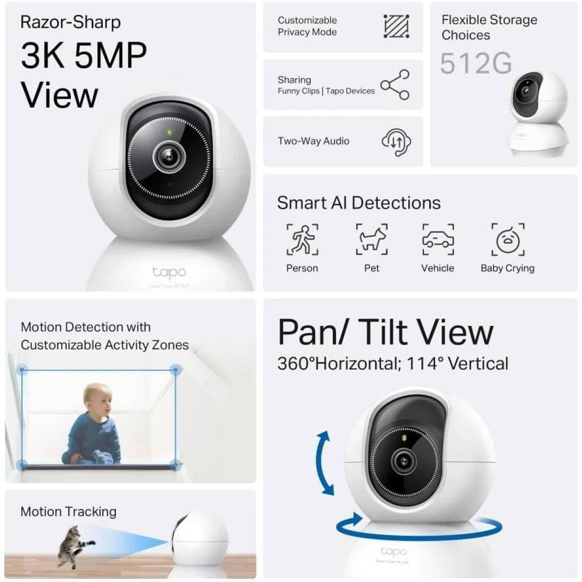 كاميرا مراقبة ذكية داخلية TP-LINK Tapo C230 بدقة 3K 5MP مع تحريك Pan/Tilt ورؤية ليلية وصوت ثنائي الاتجاه - Image 2