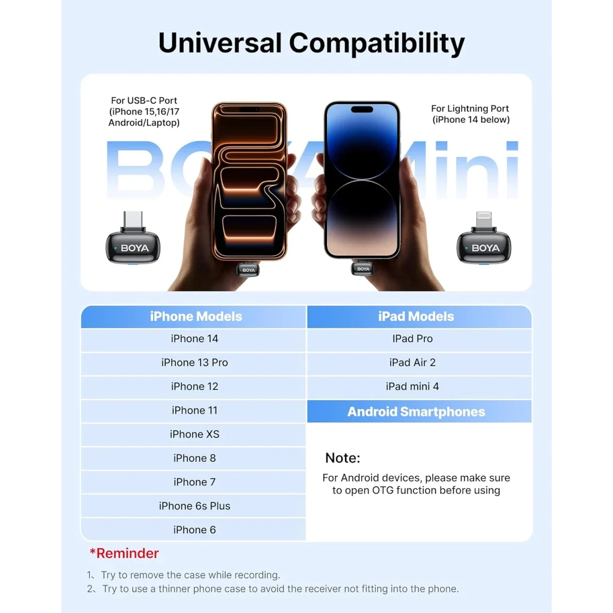 ميكروفون لافالير لاسلكي Boya mini 2-01 لهواتف iPhone وAndroid، Type-C وLightning، فضي - Image 5