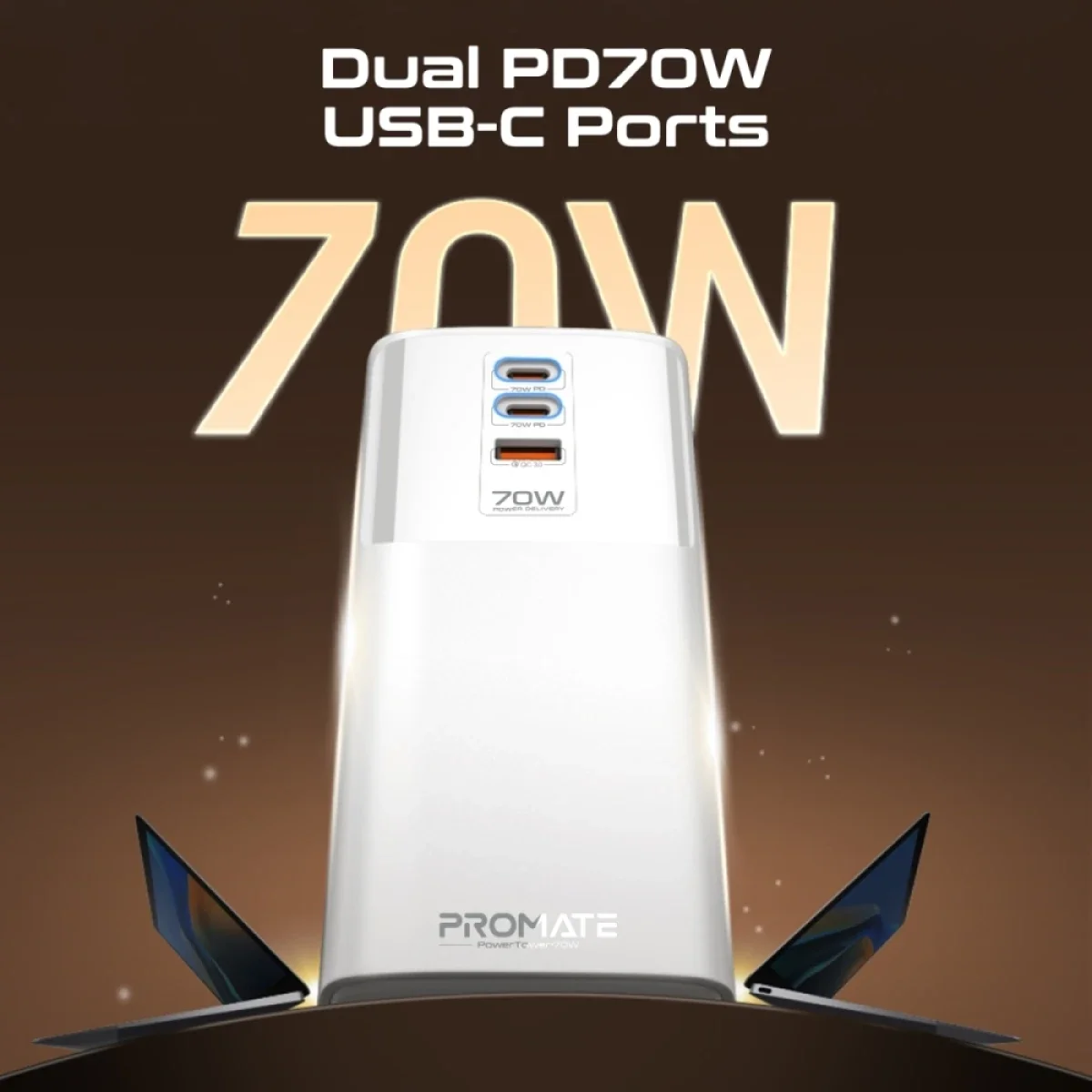 محطة شحن متعددة المنافذ Promate PowerTower-70W مع منفذي USB-C PD بقدرة 70W ومنفذ QC 3.0 بقدرة 30W و4 مقابس AC عالمية - Thumbnail 6