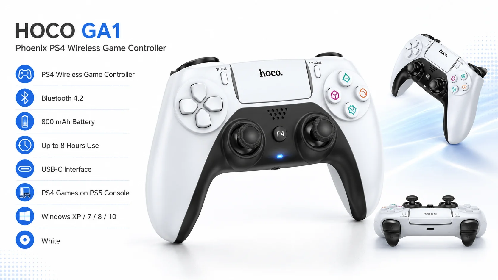 يد تحكم ألعاب لاسلكية HOCO GA1 Phoenix لجهاز PS4 بتقنية بلوتوث 4.2 وبطارية 800mAh باللون الأبيض - Image 5