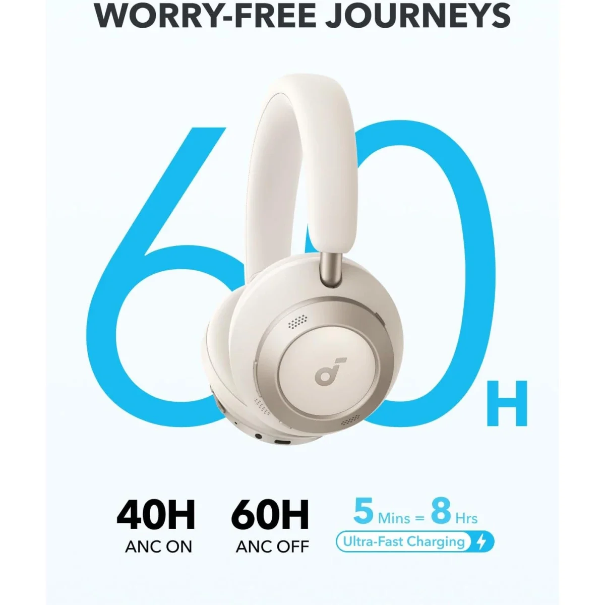 Anker Soundcore Space One Pro Wireless ANC Headphones with Case, 60H Playback - White - Thumbnail 4