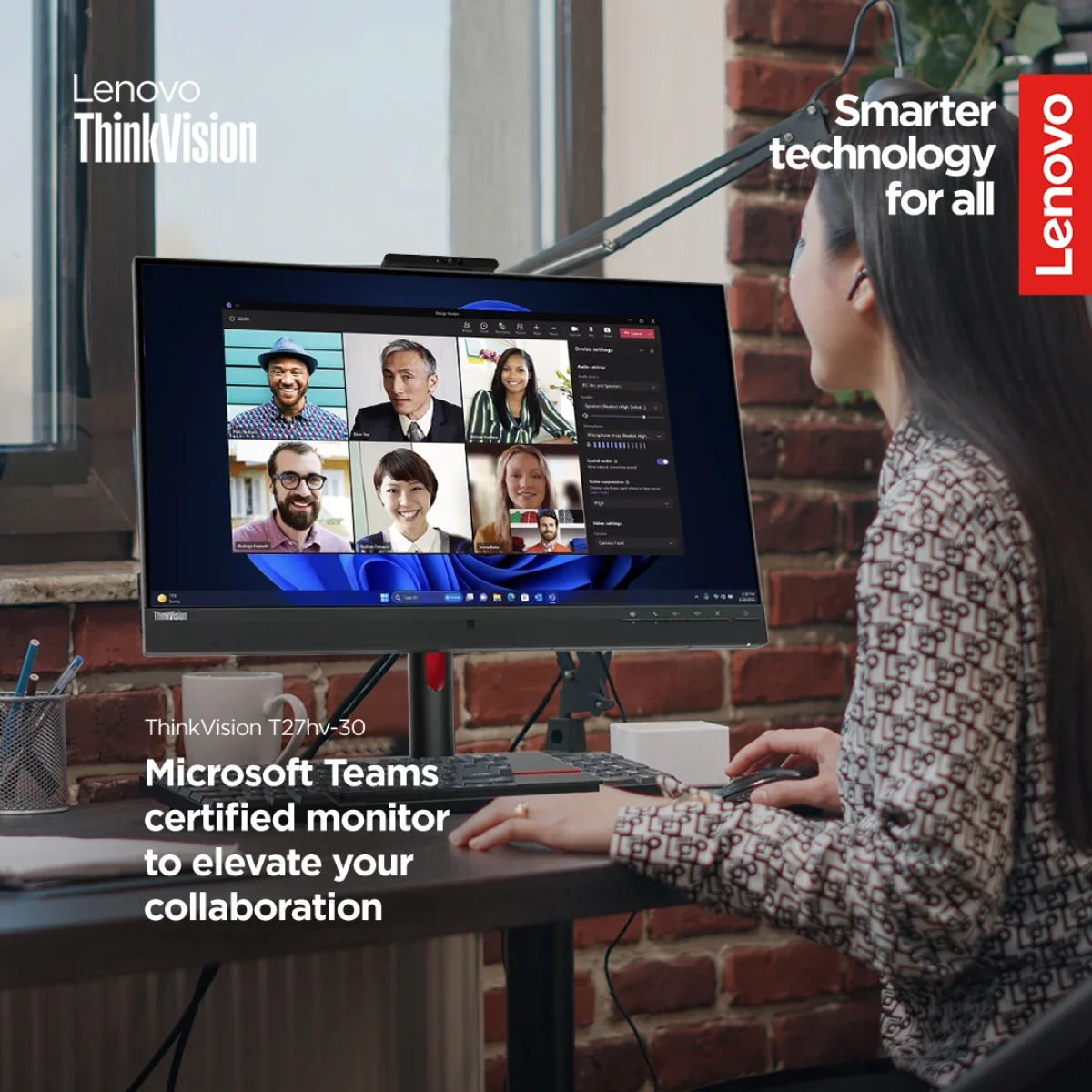 شاشة مؤتمرات Lenovo ThinkVision T27hv-30 مقاس 27 إنش QHD IPS بتردد 74Hz مع كاميرا 5MP IR+RGB - Thumbnail 2